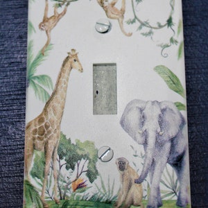 jungle elephant giraffe monkey wild decor nursery tree light switch plate cover printed durable green decor unique custom piece