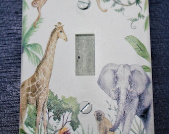 jungle elephant giraffe monkey wild decor nursery tree light switch plate cover printed durable green decor unique custom piece