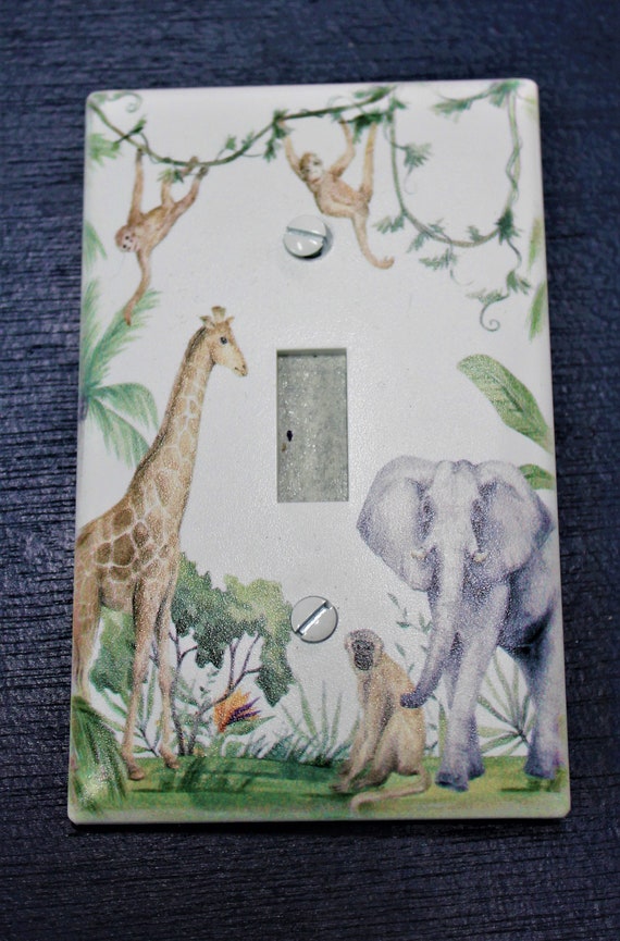 jungle elephant giraffe monkey wild decor nursery tree light switch plate cover printed durable green decor unique custom piece