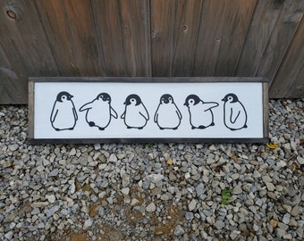 Penguins, Baby, Babies, Nursery, Winter, Silhouette, Line Art, 3D, Raised Text Sign, Rustic, Farmhouse, Shabby Chic, Wood, White and Black
