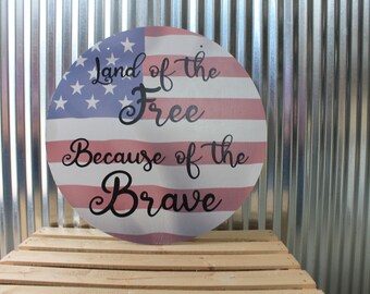 Home of the Free Because of the Brave American Flag Wall Hanger Wreath Sign Door Hanger Round Front Door Entry Way Decor Plaque Wood Print