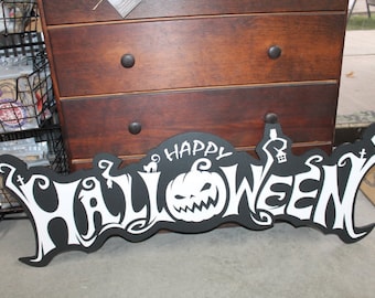 Halloween White and Black Jack O Lantern Spooky Forest Black Cat Prop Wooden Decor Fall Autumn Decoration Sign  Haunted Grave Yard Theme