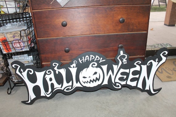 Halloween White and Black Jack O Lantern Spooky Forest Black Cat Prop Wooden Decor Fall Autumn Decoration Sign  Haunted Grave Yard Theme