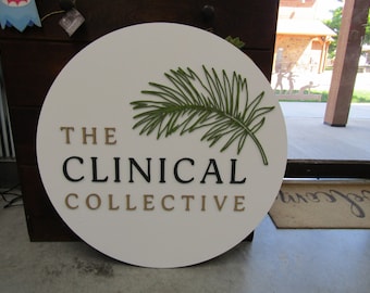 Personalized Commerical Custom Signage Clinic Palm Leaf Feather Care Center Round 3D Raised Wooden Sign Handmade Business Entrance Desk