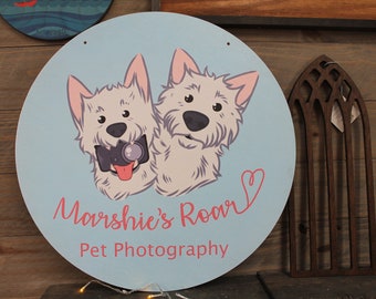 Small Business Sign Pet Photographer Dog Westie Logo Round Hanging Sign Design Booth Custom Circle Personalized Wall Art Color Wood Print