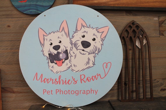 Small Business Sign Pet Photographer Dog Westie Logo Round Hanging Sign Design Booth Custom Circle Personalized Wall Art Color Wood Print