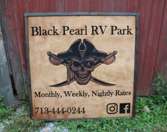 Black Pearl Rv Park Camping Pirate Swords Uv Printed 3D Custom Business Logo Square Oversized Rustic  Wood Laser Cut Out 3D Extra Large Sign
