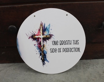 Cross Resurrection One Breath Perfection Jesus Faith Wall Hanger Wreath Sign Door Hanger Round Front Door Entry Way Decor Plaque Wood Print