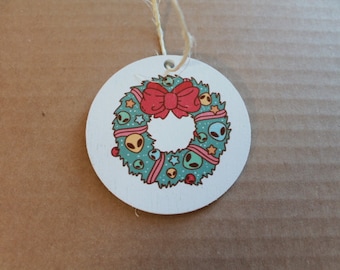 Extraterrestrial Alien Wreath Santa Christmas Cryptic Ornament Collector Mythical Printed Keychain Giftable Gift for Him Gift for her Wooden