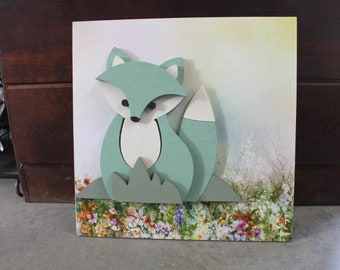 Woodland Fox Floral Teal Kit Color Baby Gift Girls Room Handmade Spring Nursery Decor 3D Raised Text Wall Décor Decoration Primitive