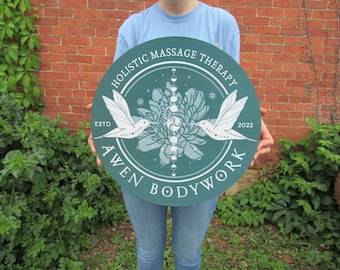 Massage Therapy Sign Bodywork Art Lotus Birds Your Logo Business Sign Commerical signage Printed On Wood Lightweight Hanging Office Sign