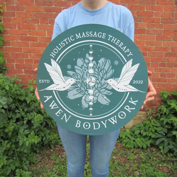 Massage Therapy Sign Bodywork Art Lotus Birds Your Logo Business Sign Commerical signage Printed On Wood Lightweight Hanging Office Sign