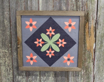 Flower Barn Quilt Wood Floral Bloom Diamond Sign Pastel Country Brown Framed Square Pattern Block Print Wall Art Farmhouse Primitive Rustic
