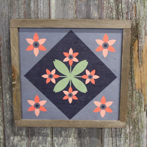 Flower Barn Quilt Wood Floral Bloom Diamond Sign Pastel Country Brown Framed Square Pattern Block Print Wall Art Farmhouse Primitive Rustic
