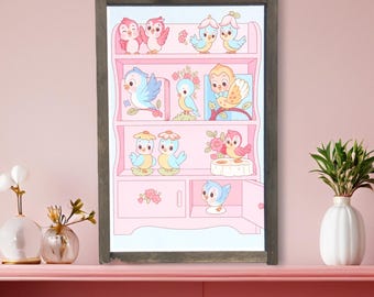Cute Pastel Bird Wall Art – Whimsical Shelf Illustration with Flowers & Characters – Playful Nursery, Kids Room, or Cottagecore Home Decor