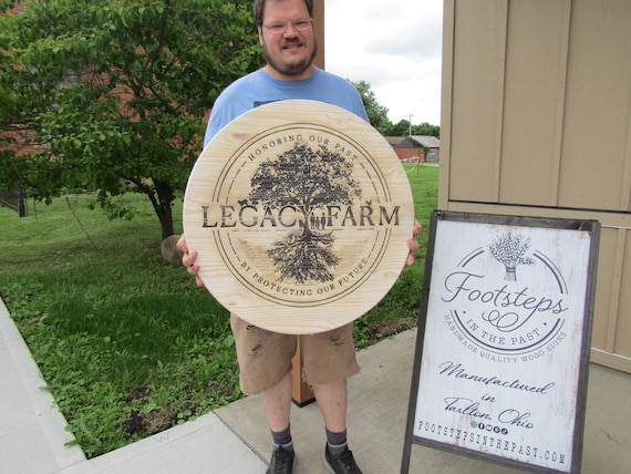 Custom Legacy Farm Carved Engraved Routed Color Filled Business Commerical Signage Your Logo Handmade Tree Oversized Pine Wood Round Sign