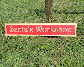 Santa's Workshop Merry Christmas Wood Handmade Sign Red and Gold Framed Santa Clause porch Decore Ships Free