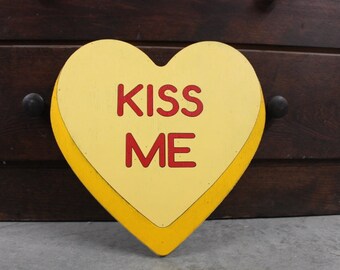 Wooden Kiss Me Yellow Candy Conversation Heart Cutout Valentines Day Gift Photography Prop Handmade Homedecor Raised 3D Sign Wall Art