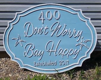 Large beach house sign, Bay ocean sea starfish Established Sign, Exterior, Outdoor, Wooden, Wood, outdoor door beachy theme baby blue white