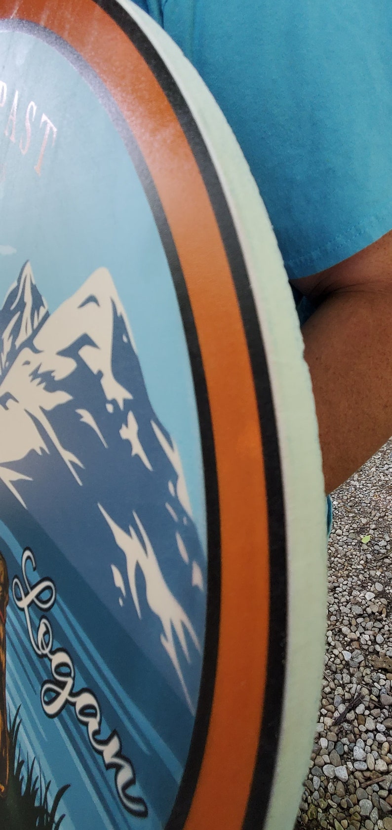 May include: A round, blue and white disc with a mountain scene and the word "Logan" written in white cursive. The disc has a black and orange border.