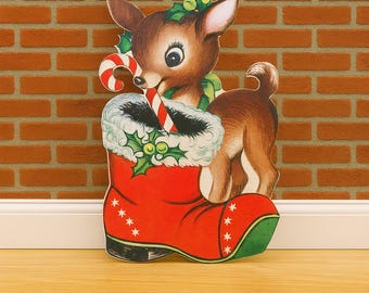 Baby Reindeer Christmas Decor – Holiday Stocking Cutout, Festive Wall Art, Vintage Style Porch Display