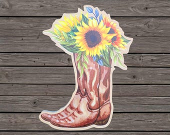 Cowboy Boot Printed Wood Sign – Sunflower Western Decor – Rustic Farmhouse Wall Art or Country Gift
