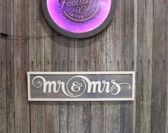 Anniversary Sign Mr and Mrs Text Wedding Gift Valentines Day Gray and White Raised Text 3D Script Wood Sign Rustic Wall Decor Barn Sign