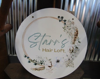 Custom Hairstylist Doorhanger Lightweight Loft Booth Sign Floral Border Printed In Color Your Logo Beauticain Salon Sign Commerical Signage