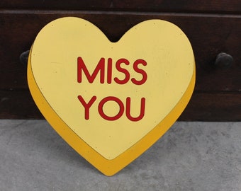 Wooden Miss You Yellow Candy Conversation Heart Cutout Valentines Day Gift Photography Prop Handmade Homedecor Raised 3D Sign Wall Art