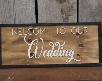 Rustic Welcome to Our Wedding Sign Raised Text Large Framed Primitive Barn Wood Country Signage 3D Reception Decoration Table
