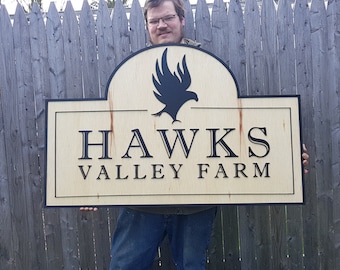 Large Custom Wooden Farm Sign Entrance Commerical Signage Logo Emblem Family Name Homestead Rustic Laser Cut Handmade Hawk Contour Business