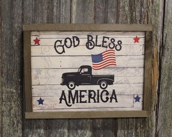 God Bless America Wood Sign Vintage Truck American Flag Patriotic Farmhouse Decor Shiplap Picture Print Primitive Rustic Barn Wood Frame