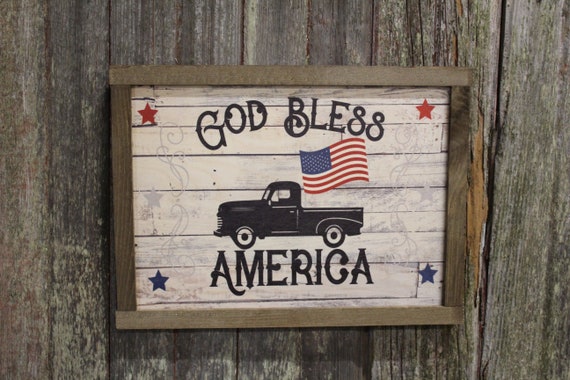 God Bless America Wood Sign Vintage Truck American Flag Patriotic Farmhouse Decor Shiplap Picture Print Primitive Rustic Barn Wood Frame