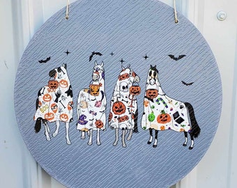 Horse Ghost Bats Pumpkin Halloween Dress Up Trick or Treat PVC Weather Proof Ultraviolet Ink Doorhanger Outdoor Use Happy Mare Horse Lovers