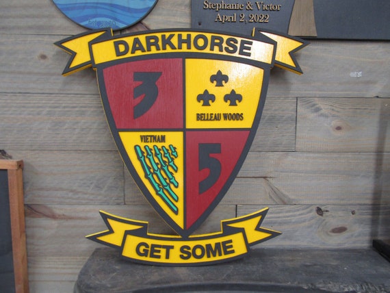 Custom Wood Sign Sheild Badge Darkhorse 3D Raised Text Handmade Contour Cut Military War Veteran Honor Decor Wall Art Hanging