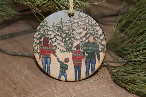 Personalize Your Family Christmas Ornament Wood Slice Winter Snow Christmas Sweater Custom Picture Cartoon Wood Slice Group Pine Trees Print