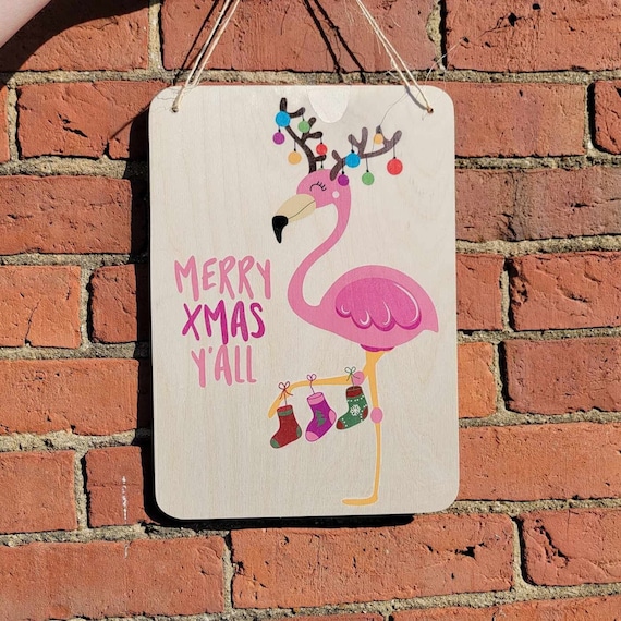 Flamingo Sign Merry Christmas Y'all Beach Sign Stocking Lights Holiday Decoration Rustic Wooden Wall Decor Wood Print