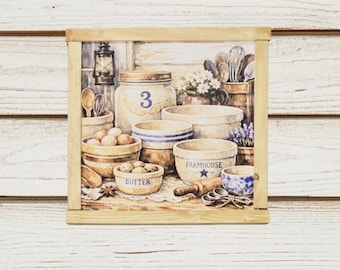 Farmhouse Kitchen Sign – Rustic Bowls, Jars, Utensils, and Flowers Illustration for Cozy Country or Vintage Cottage Home Decor