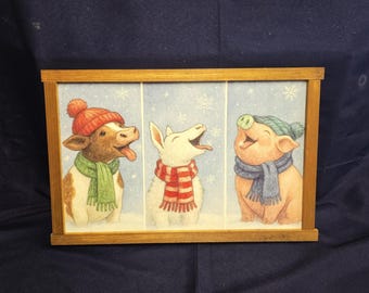 Winter Animal Sign – Festive Cow, Llama & Pig Wall Art, Rustic Holiday Decor