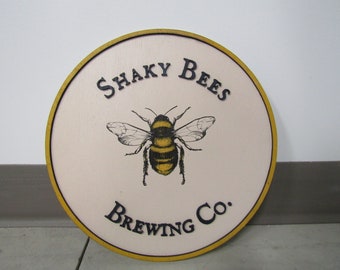 Custom Sign Round Brewing Co Business Commerical Signage Bumble Bee Beer Eatery Store Front Entrance Made to Order Logo Wooden Handmade