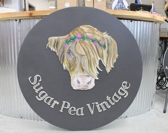 Custom Sign Highland Cow Vintage Store Round Made to Order Floral Crown Circle Wooden Handmade Printed and Raised Logo Personalized SugarPea