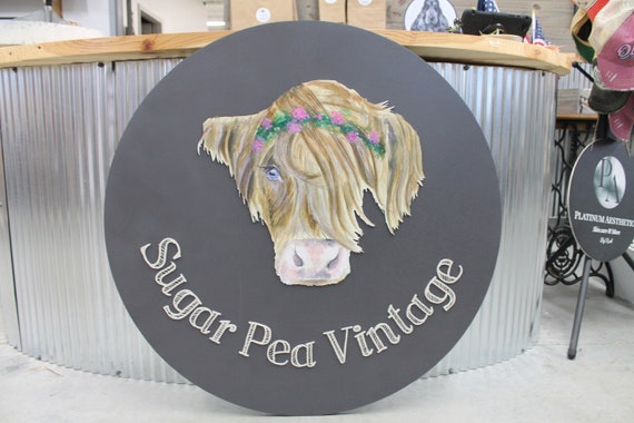 Custom Sign Highland Cow Vintage Store Round Made to Order Floral Crown Circle Wooden Handmade Printed and Raised Logo Personalized SugarPea