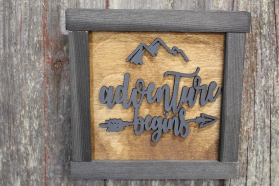 Adventure Begins 3D Raised Text Rustic Mountain Arrow Brown Cabin Primitive Script Text Room Wall Décor Decoration Camping Travel