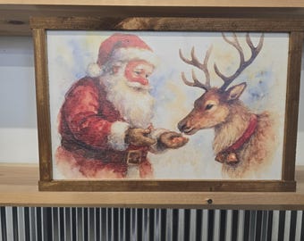Santa and Reindeer Printed Wood Wall Art Sign with Frame