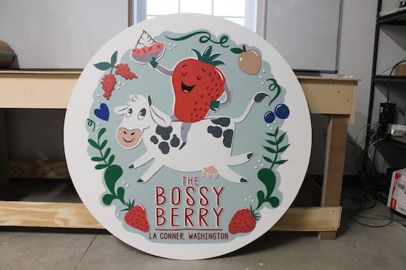 Cow Dairy Strawberry Custom Sign Round Business Commerical Signage Made to Order Store Front Small Shop Logo Circle Wooden Handmade