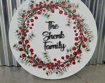 Handmade Custom Wood Sign Your Logo Personalized Hanging Raised Letters Round Printed Image Family Name Berry Christmas Holiday Seasonal
