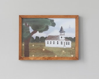 Rustic Church Landscape Painting – Framed Countryside Wall Art, White Steeple Church Decor, Peaceful Rural Scene
