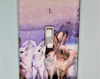 rabbit hare bunny winter snow durable custom printed painted light switch cover plate in color living room unique nursery bedroom
