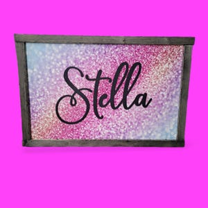 Custom Printed & Raised Name Sign • Glitter Gradient Wood Sign • Personalized Kids Room Decor • Sparkly Framed Name Wall Art