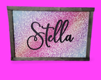Custom Printed & Raised Name Sign • Glitter Gradient Wood Sign • Personalized Kids Room Decor • Sparkly Framed Name Wall Art